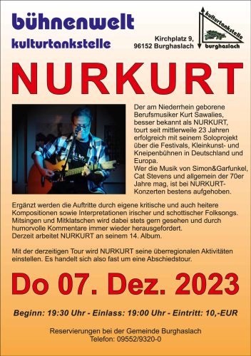 Kurt Sawalies alias Nurkurt spielt am 7.12.2023 in der Kulturtankstelle Burghaslach