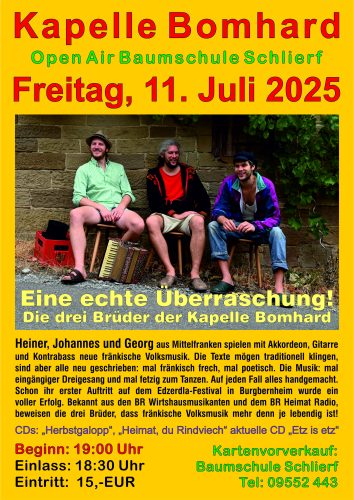 Kapelle Bomhard spielt ein Open-Air in der Baumschule Schlierf; Freitag 11. Juli 2025 19 Uhr