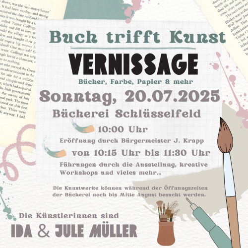 Vernissage Buch trifft Kunst am 20.7.2025 in der Bücherei Schlüsselfeld